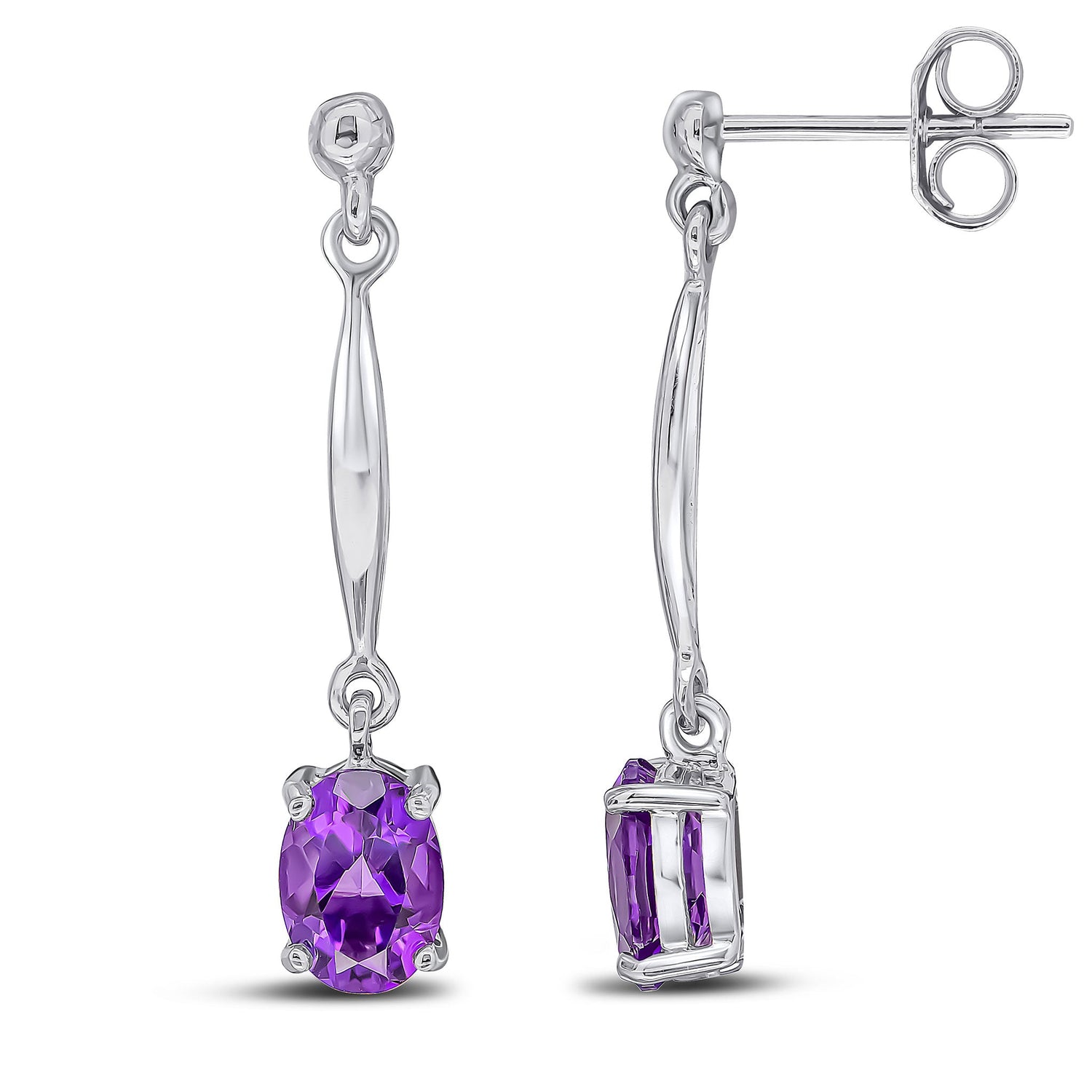 9ct White Gold Oval Natural Amethyst Claw Bar Drop Earrings — 7x5mm