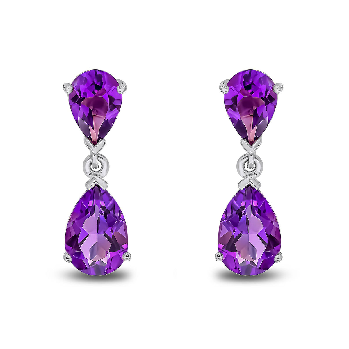 9ct White Gold Pear Shaped Natural Amethyst Two Stone Claw Drop Earrings — 9x6mm