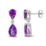 9ct White Gold Pear Shaped Natural Amethyst Two Stone Claw Drop Earrings — 9x6mm