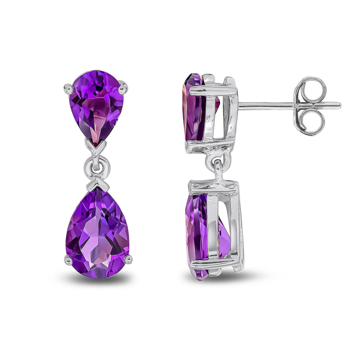 9ct White Gold Pear Shaped Natural Amethyst Two Stone Claw Drop Earrings — 9x6mm