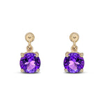 9ct Yellow Gold Round Natural Amethyst Claw Drop Earrings with Bead Top — 6mm