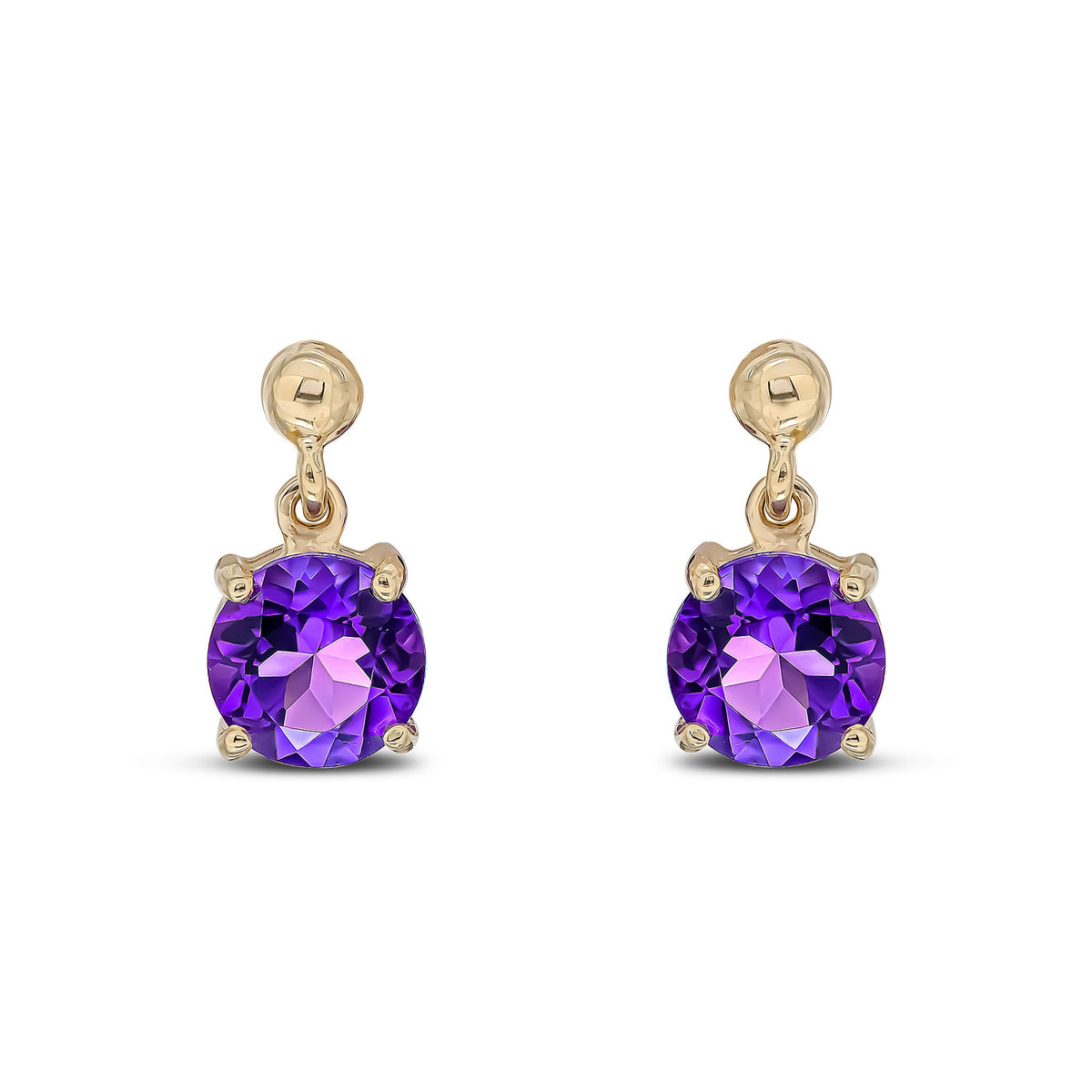 9ct Yellow Gold Round Natural Amethyst Claw Drop Earrings with Bead Top — 6mm