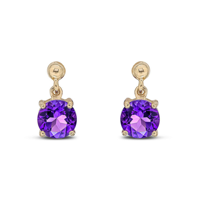 9ct Yellow Gold Round Natural Amethyst Claw Drop Earrings with Bead Top — 6mm