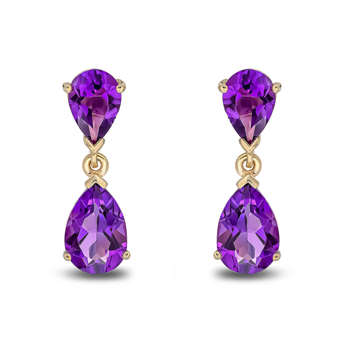 9ct Yellow Gold Pear Shaped Natural Amethyst Two Stone Claw Drop Earrings — 9x6mm