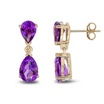 9ct Yellow Gold Pear Shaped Natural Amethyst Two Stone Claw Drop Earrings — 9x6mm