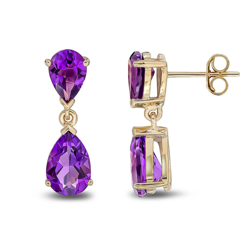 9ct Yellow Gold Pear Shaped Natural Amethyst Two Stone Claw Drop Earrings — 9x6mm