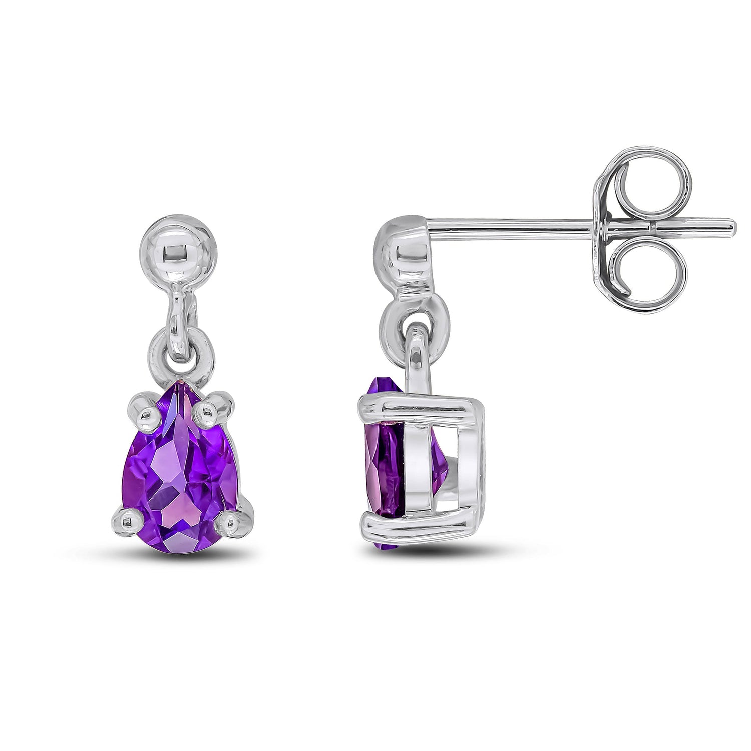 9ct White Gold Pear Shaped Natural Amethyst Claw Drop Earrings — 6x4mm