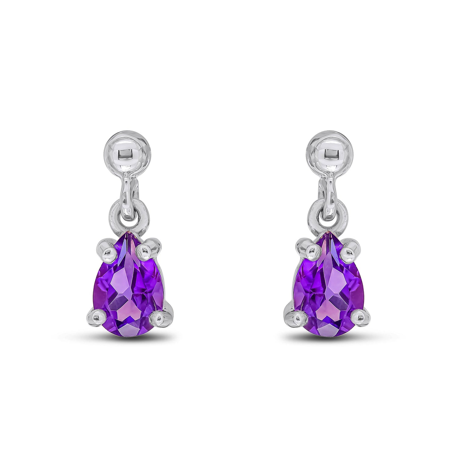 9ct White Gold Pear Shaped Natural Amethyst Claw Drop Earrings — 6x4mm