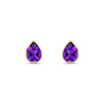 9ct Yellow Gold Pear Shaped Natural Amethyst Rubover Stud Earrings — 7x5mm