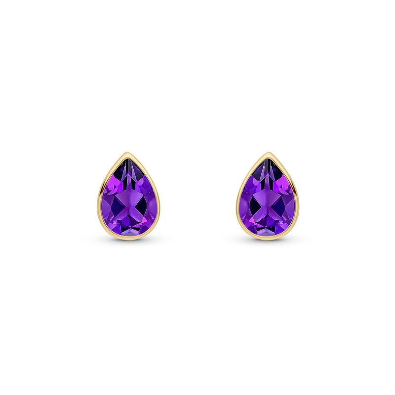 9ct Yellow Gold Pear Shaped Natural Amethyst Rubover Stud Earrings — 7x5mm