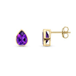 9ct Yellow Gold Pear Shaped Natural Amethyst Rubover Stud Earrings — 7x5mm