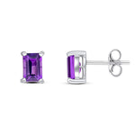 9ct White Gold Octagon Emerald Cut Natural Amethyst Claw Stud Earrings — 6x4mm
