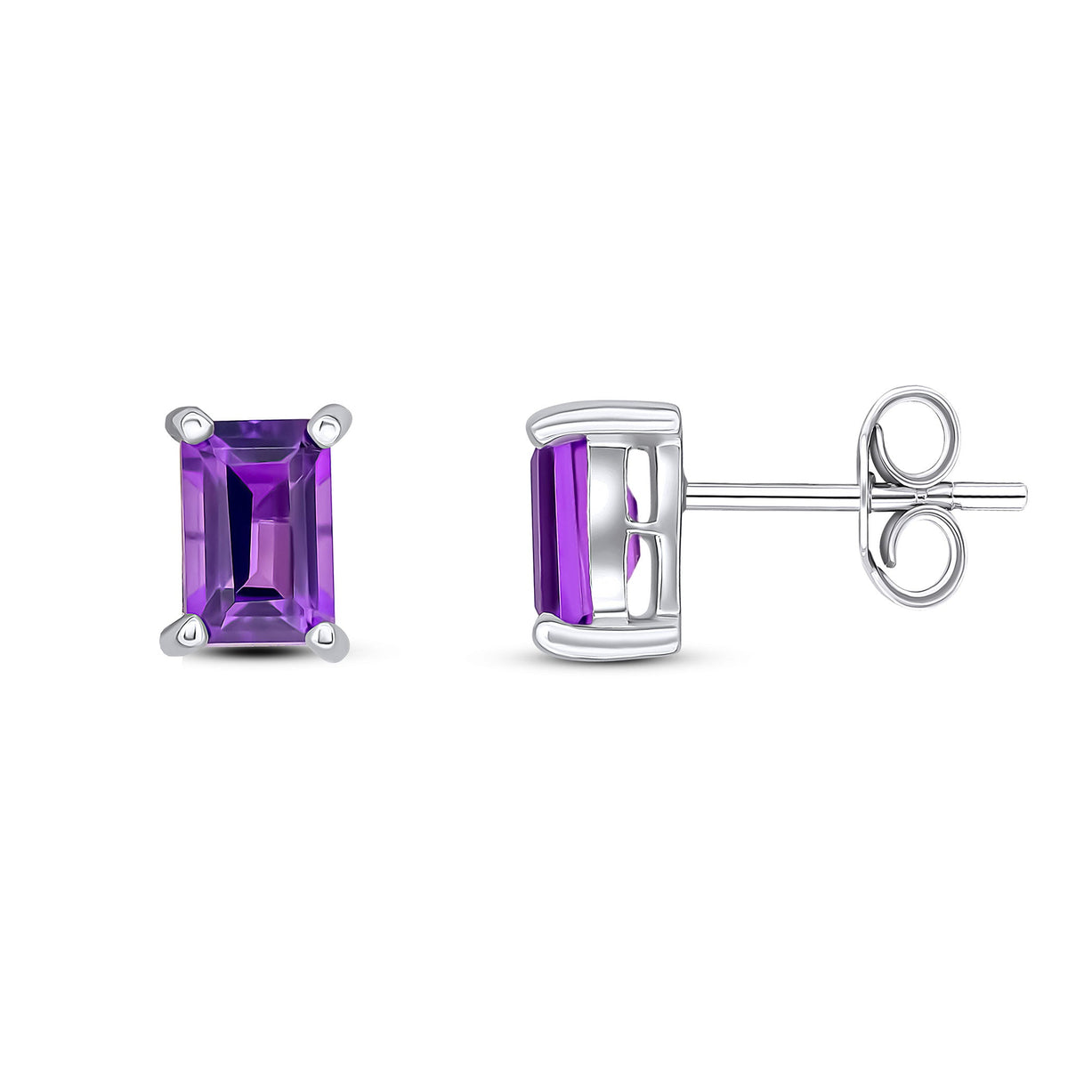 9ct White Gold Octagon Emerald Cut Natural Amethyst Claw Stud Earrings — 6x4mm
