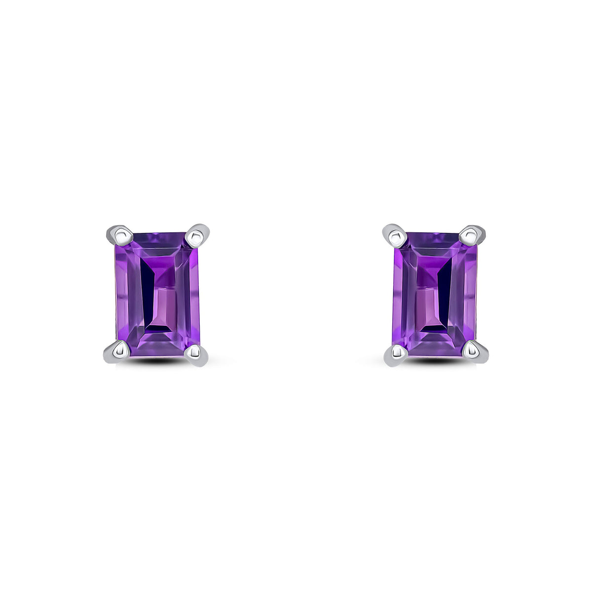 9ct White Gold Octagon Emerald Cut Natural Amethyst Claw Stud Earrings — 6x4mm