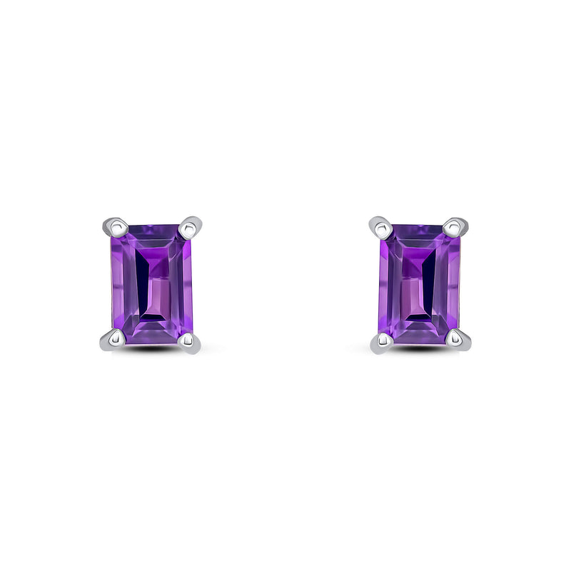 9ct White Gold Octagon Emerald Cut Natural Amethyst Claw Stud Earrings — 6x4mm