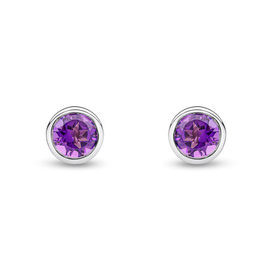9ct White Gold Round Amethyst Rubover Stud Earrings 6mm