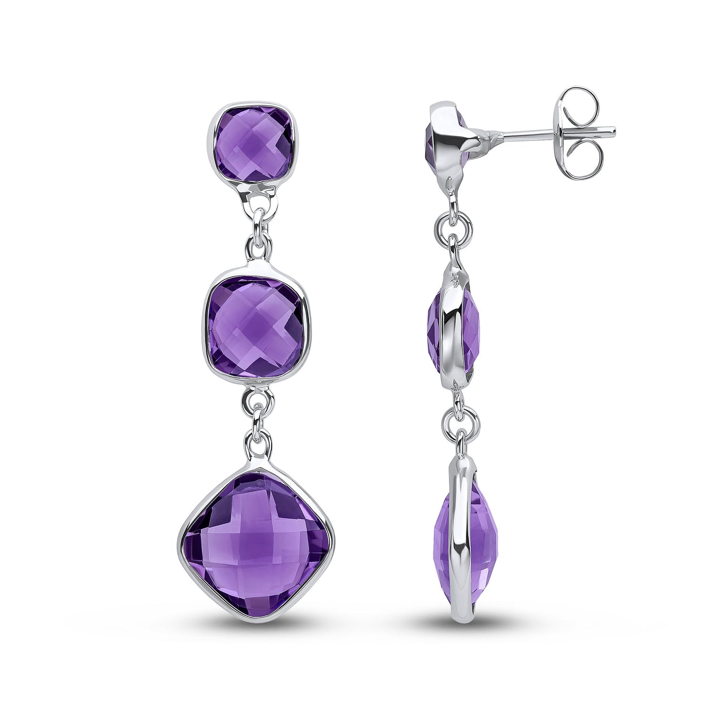 9ct White Gold Checkerboard Cushion Natural Amethyst 3 Stone Drop Earrings — 40mm