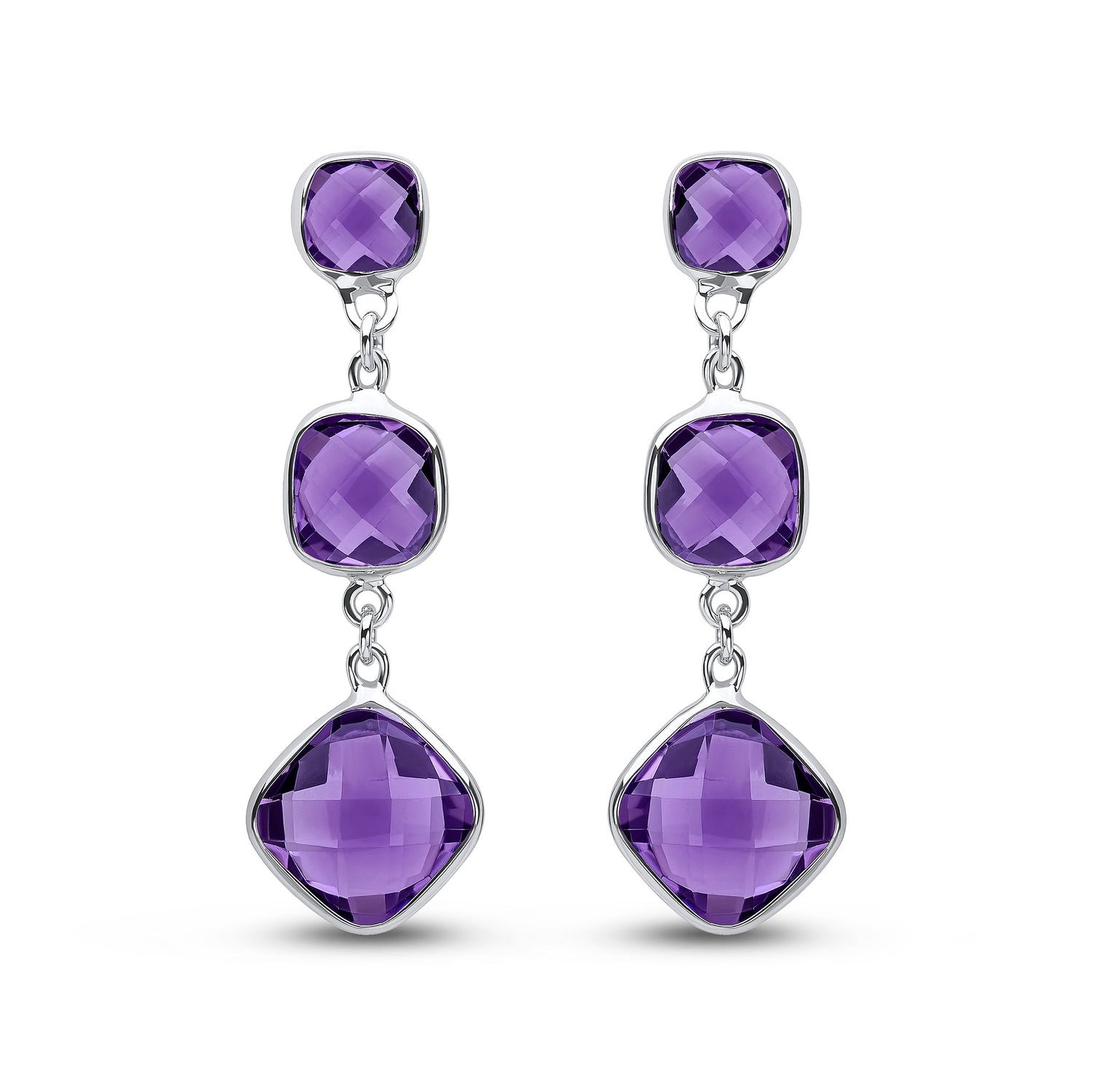9ct White Gold Checkerboard Cushion Natural Amethyst 3 Stone Drop Earrings — 40mm