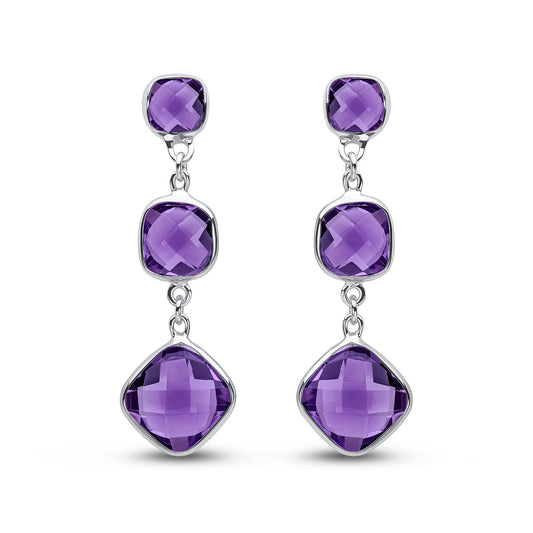 9ct White Gold Checkerboard Cushion Natural Amethyst 3 Stone Drop Earrings — 40mm
