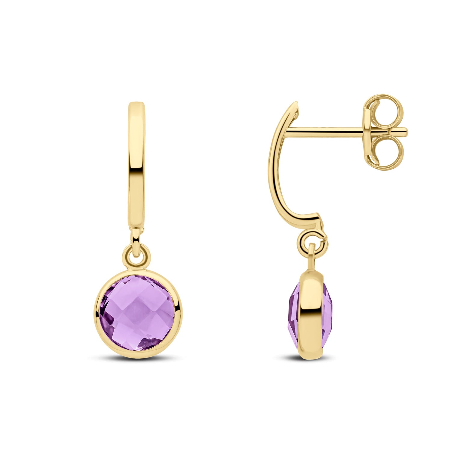 9ct Yellow Gold Curved Bar Round Natural Amethyst Rubover Drop Earrings — 20mm