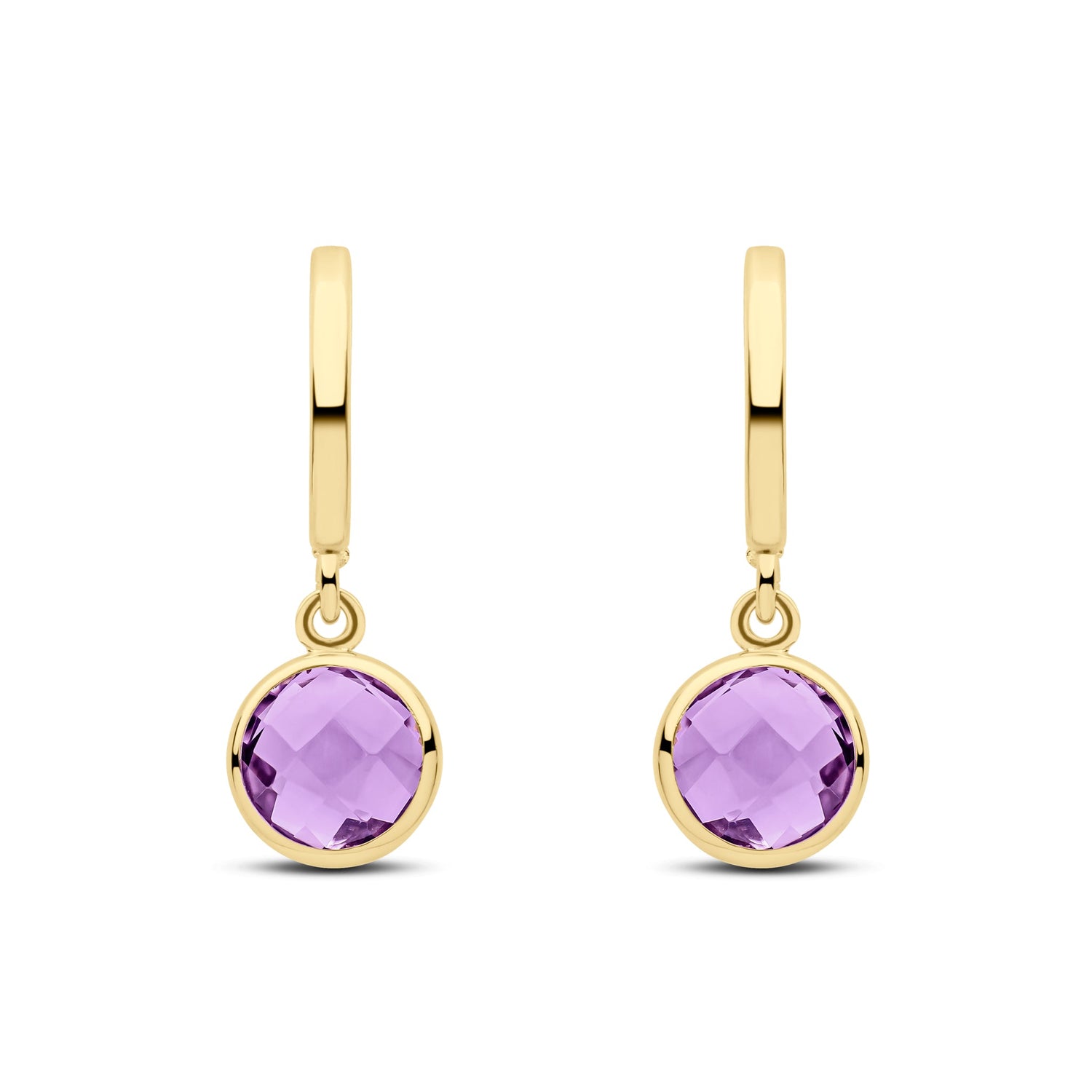 9ct Yellow Gold Curved Bar Round Natural Amethyst Rubover Drop Earrings — 20mm