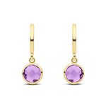 9ct Yellow Gold Curved Bar Checkerboard Cut Round Natural Amethyst Spec Set Drop Earrings — 5.5mm