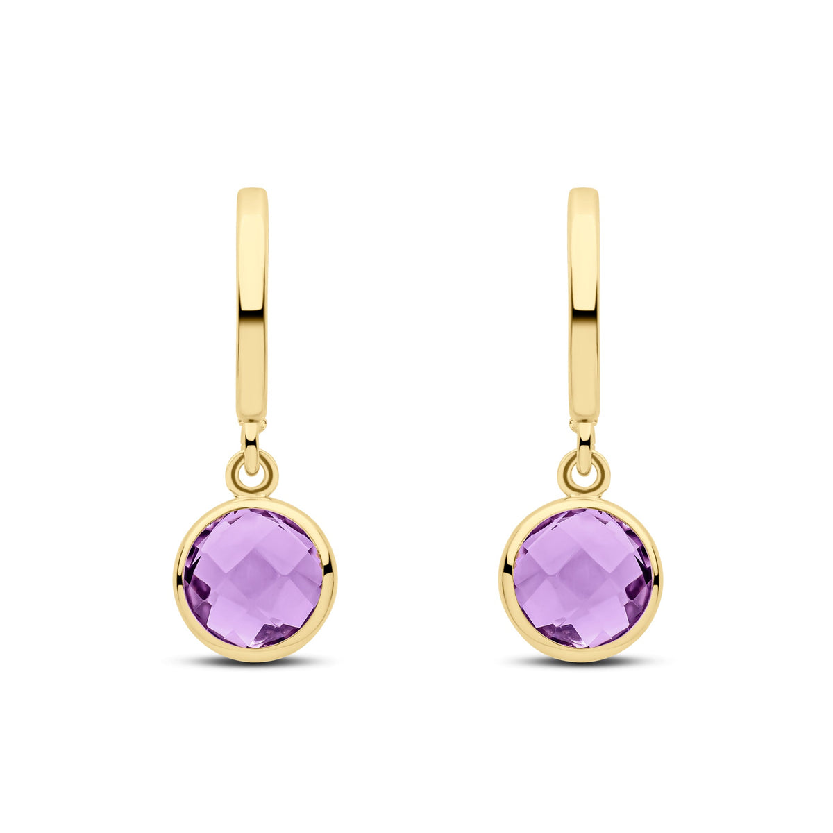 9ct Yellow Gold Curved Bar Checkerboard Cut Round Natural Amethyst Spec Set Drop Earrings — 5.5mm