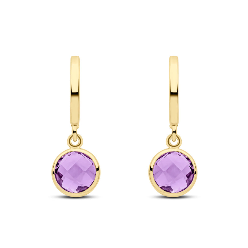 9ct Yellow Gold Curved Bar Checkerboard Cut Round Natural Amethyst Spec Set Drop Earrings — 5.5mm
