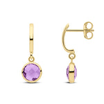 9ct Yellow Gold Curved Bar Checkerboard Cut Round Natural Amethyst Spec Set Drop Earrings — 5.5mm