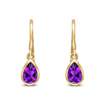 9ct Yellow Gold Pear Shaped Natural Amethyst Rubover Wire Hook Drop Earrings — 6x4mm