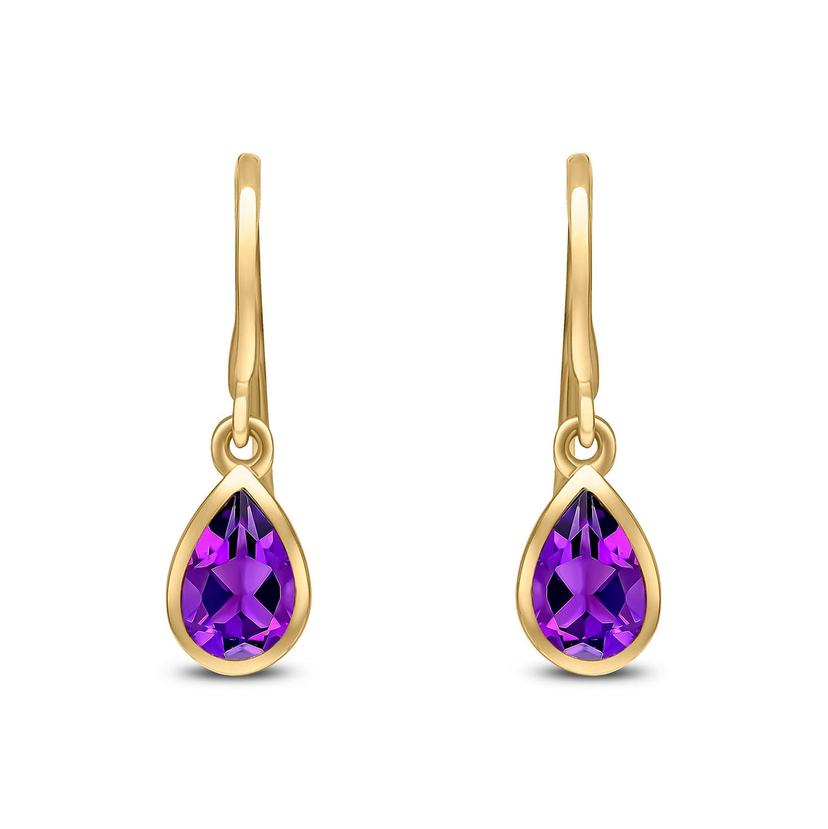 9ct Yellow Gold Pear Shaped Natural Amethyst Rubover Wire Hook Drop Earrings — 6x4mm