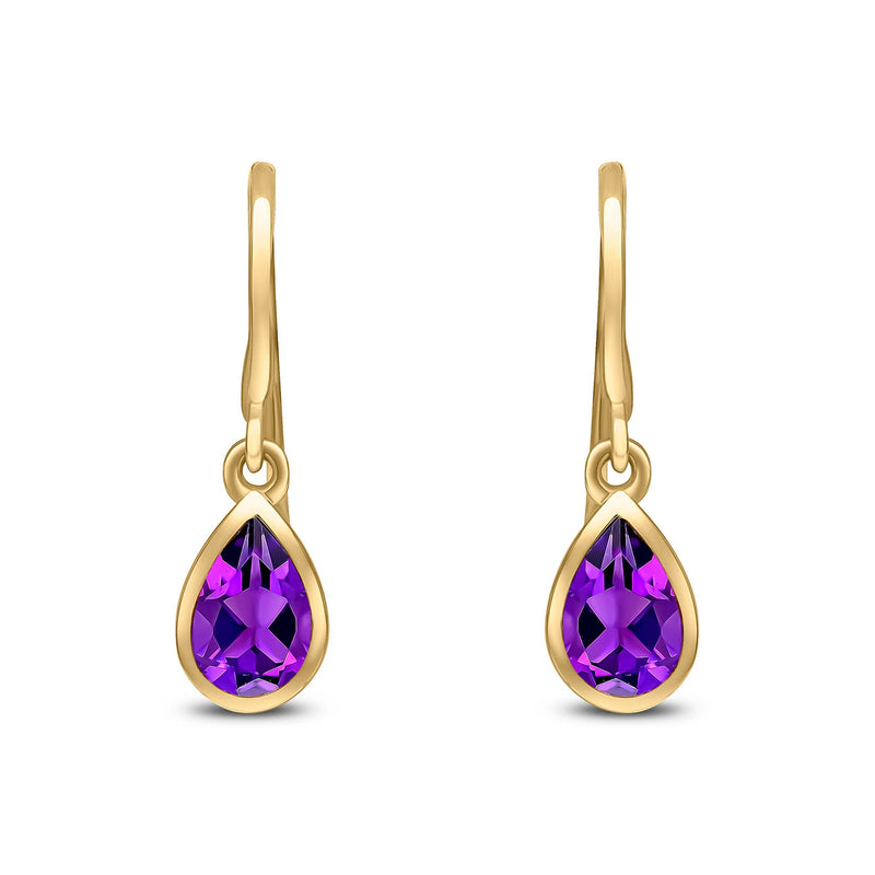 9ct Yellow Gold Pear Shaped Natural Amethyst Rubover Wire Hook Drop Earrings — 6x4mm