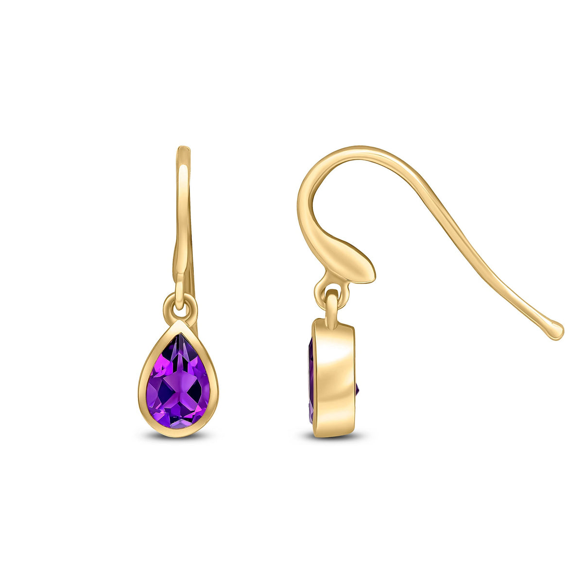 9ct Yellow Gold Pear Shaped Natural Amethyst Rubover Wire Hook Drop Earrings — 6x4mm