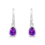 9ct White Gold Pear Shaped Natural Amethyst Rubover Wire Hook Drop Earrings — 6x4mm