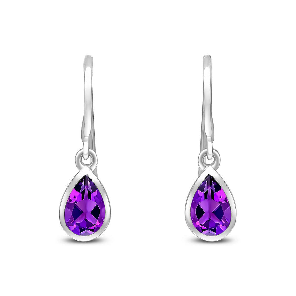 9ct White Gold Pear Shaped Natural Amethyst Rubover Wire Hook Drop Earrings — 6x4mm