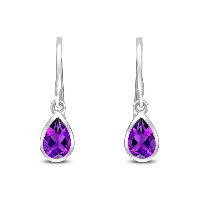 9ct White Gold Pear Shaped Natural Amethyst Rubover Wire Hook Drop Earrings — 6x4mm