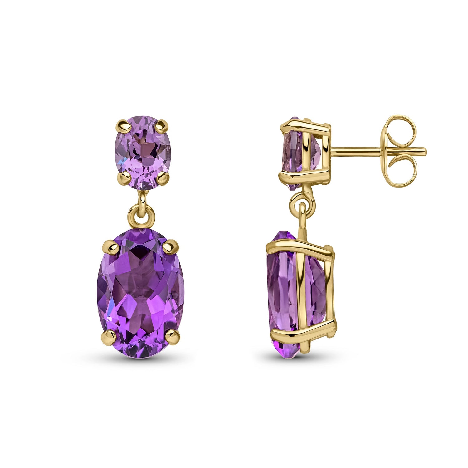 9ct Yellow Gold Oval Natural Amethyst Two Stone Claw Drop Earrings — 23mm