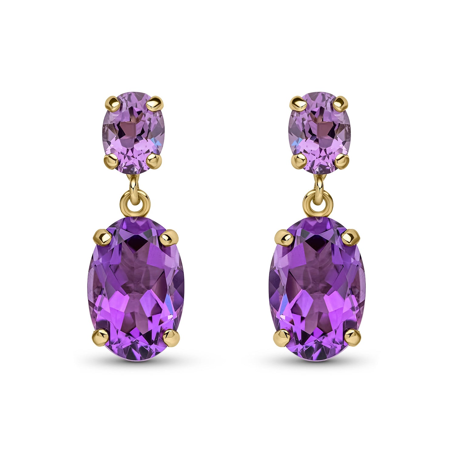 9ct Yellow Gold Oval Natural Amethyst Two Stone Claw Drop Earrings — 23mm