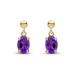 9ct Yellow Gold Oval Natural Amethyst Claw Drop Earrings with Bead Top — 6x4mm
