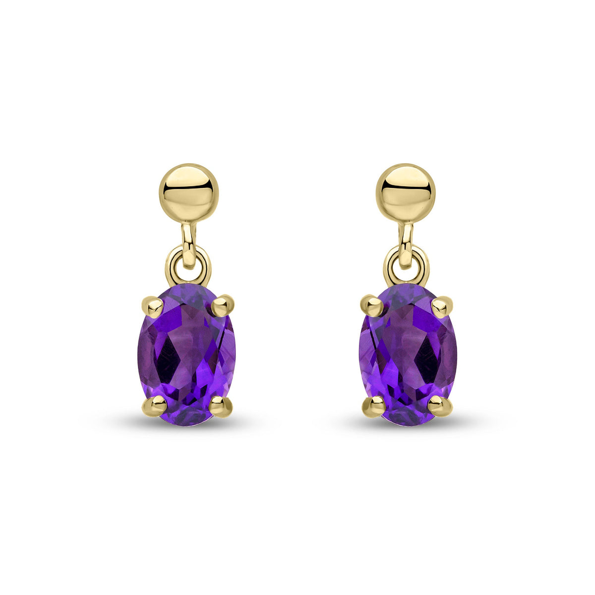 9ct Yellow Gold Oval Natural Amethyst Claw Drop Earrings with Bead Top — 6x4mm