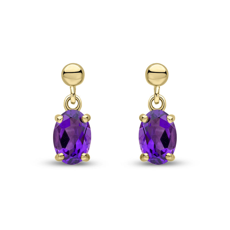 9ct Yellow Gold Oval Natural Amethyst Claw Drop Earrings with Bead Top — 6x4mm