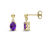 9ct Yellow Gold Oval Natural Amethyst Claw Drop Earrings with Bead Top — 6x4mm