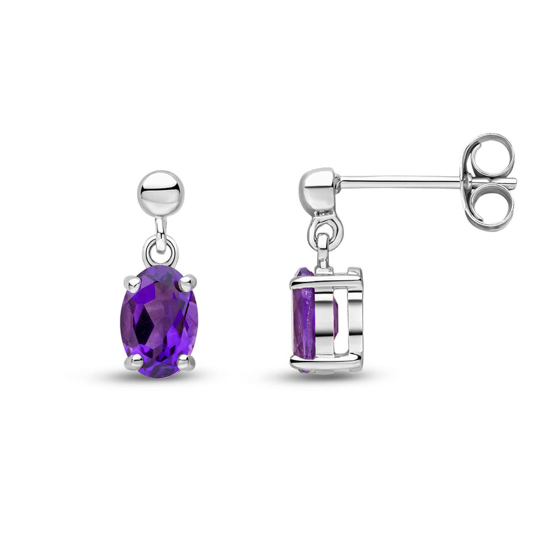 9ct White Gold Oval Natural Amethyst Claw Drop Earrings with Bead Top — 6x4mm