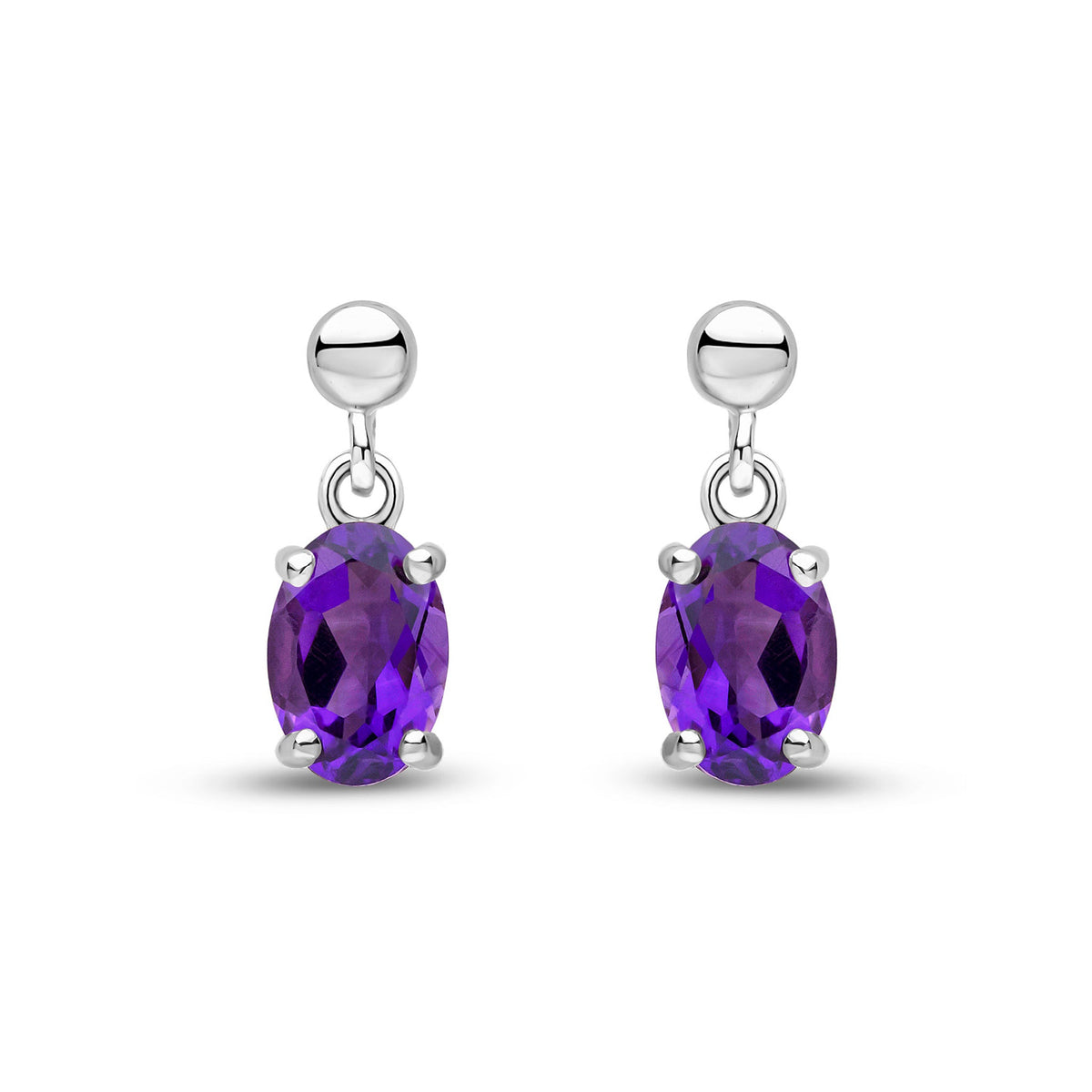 9ct White Gold Oval Natural Amethyst Claw Drop Earrings with Bead Top — 6x4mm
