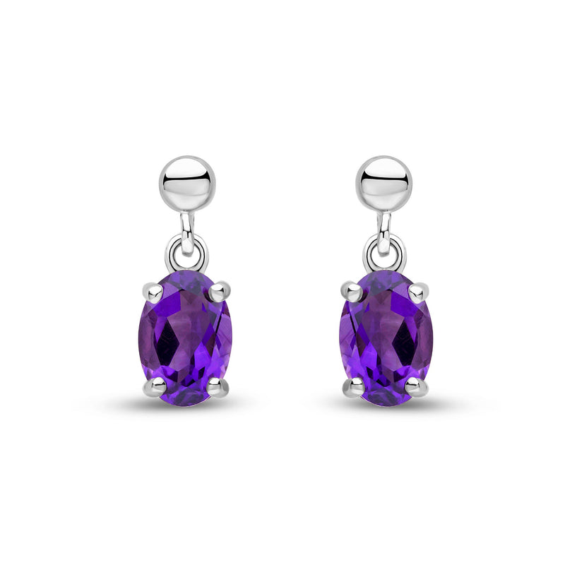 9ct White Gold Oval Natural Amethyst Claw Drop Earrings with Bead Top — 6x4mm
