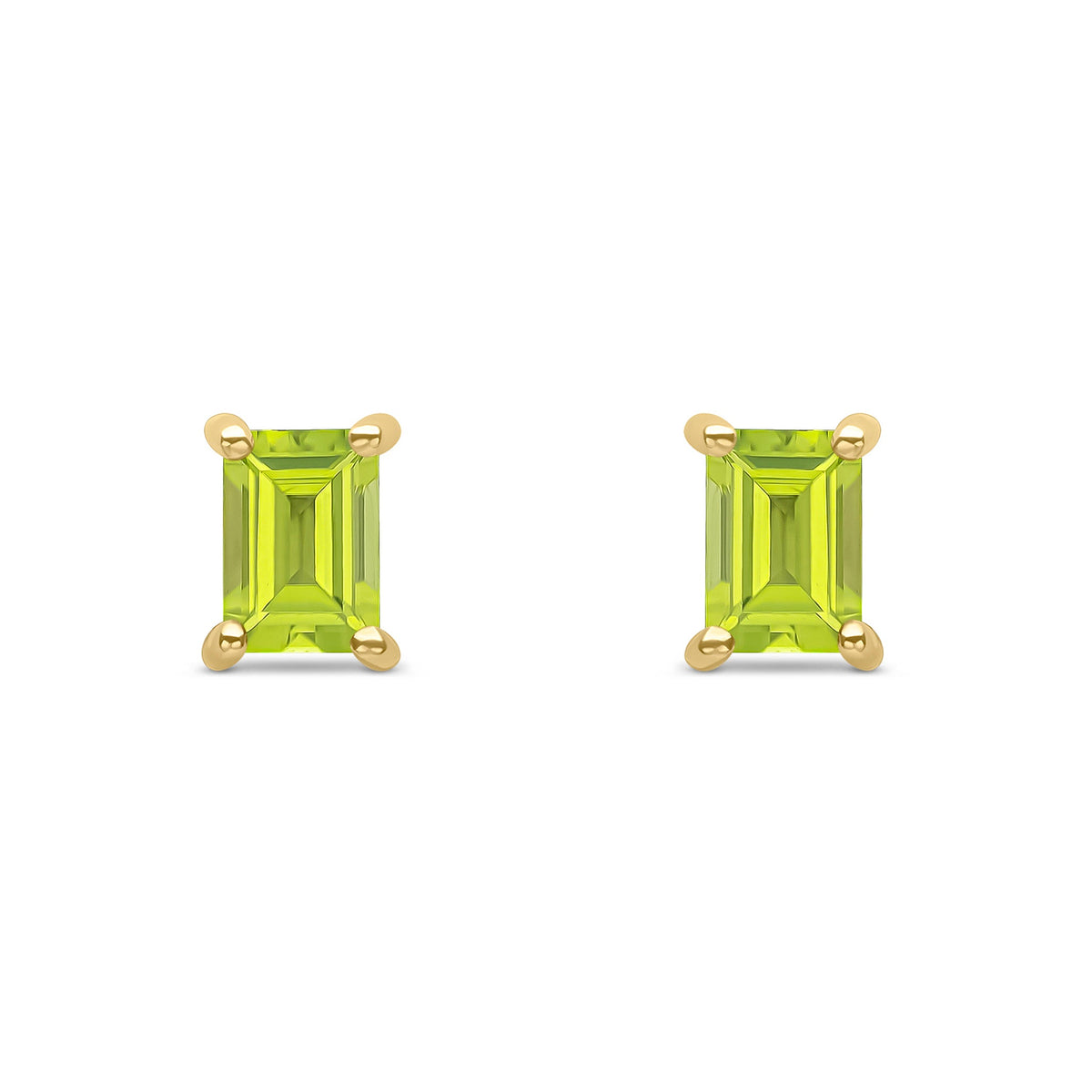 9ct Yellow Gold Octagonal Emerald Cut Natural Peridot Claw Stud Earrings — 6x4mm
