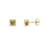 9ct Yellow Gold Square Natural Peridot Rubover Stud Earrings — 4mm