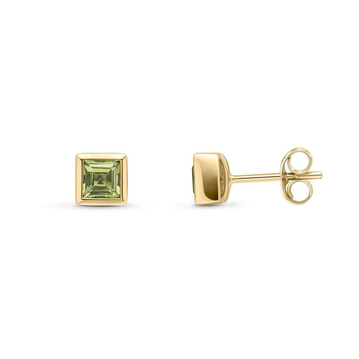 9ct Yellow Gold Square Natural Peridot Rubover Stud Earrings — 4mm