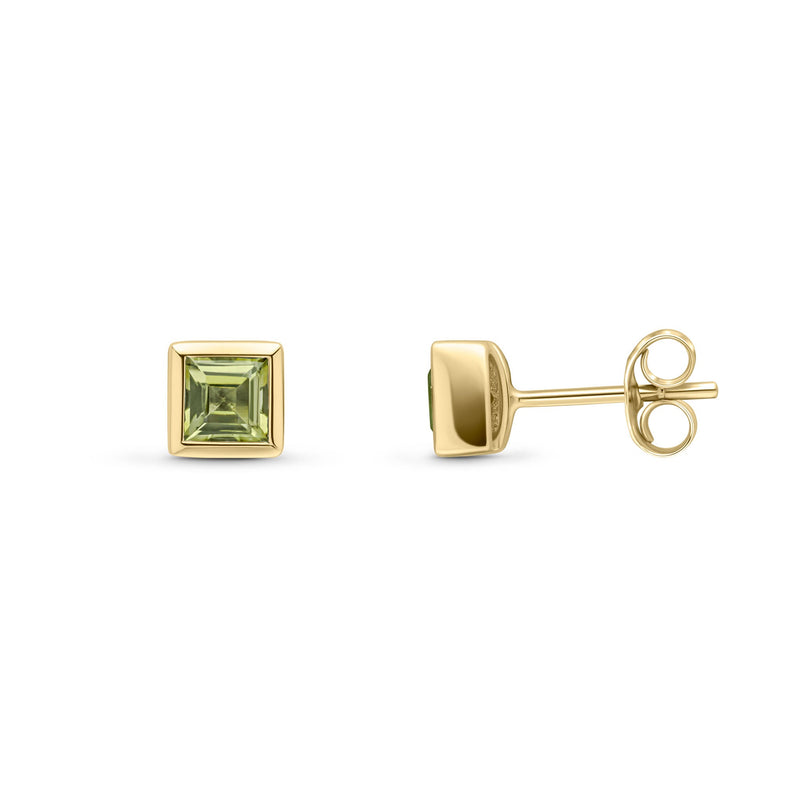 9ct Yellow Gold Square Natural Peridot Rubover Stud Earrings — 4mm