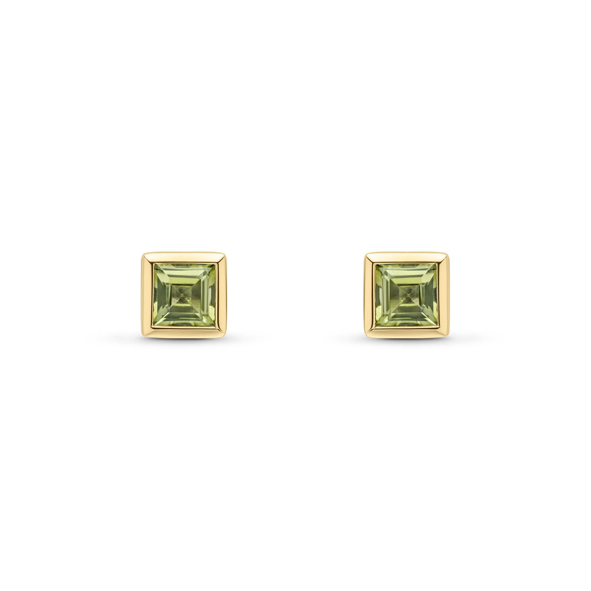 9ct Yellow Gold Square Natural Peridot Rubover Stud Earrings — 4mm